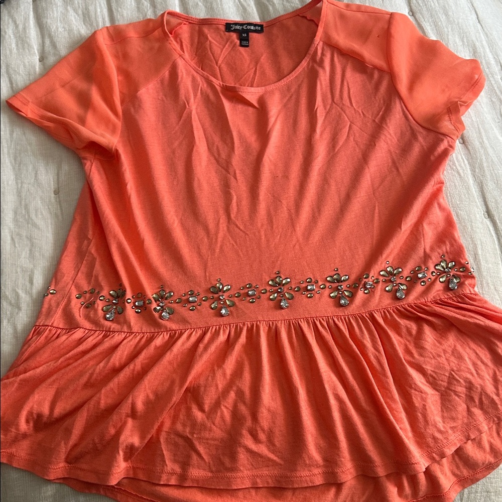 Juicy Couture Coral Embellished Peplum Blouse XS